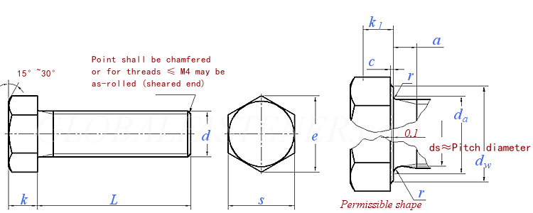 DIN931 partial‑thread hex head bolt technical drawing