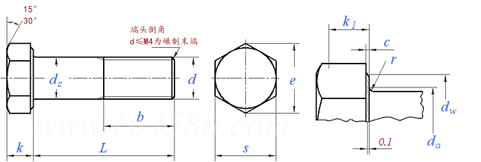 DIN931 hex bolt technical drawing